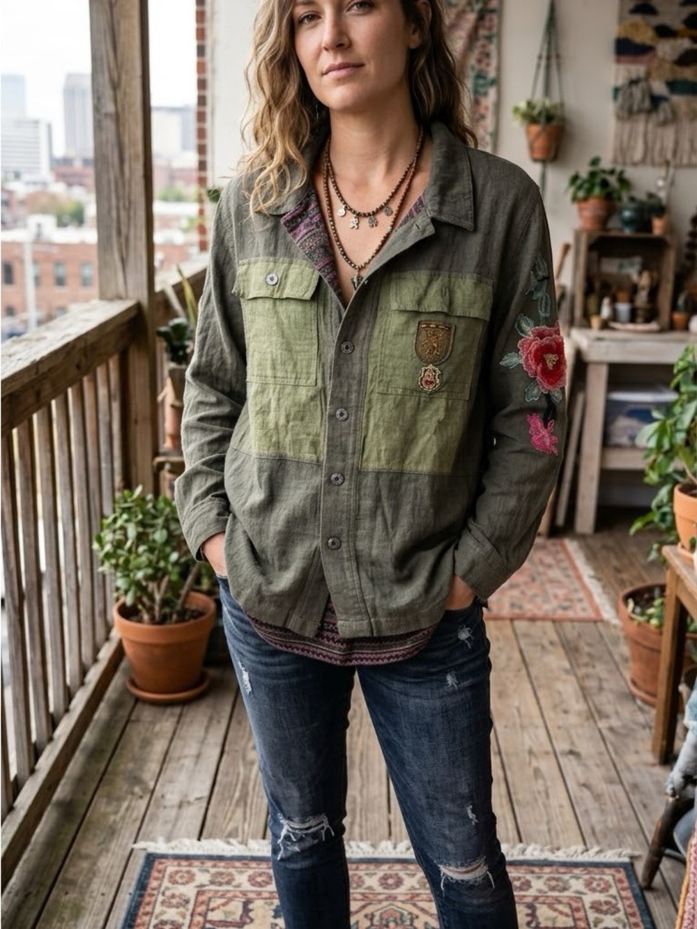 Embroidered Olive Green Military-Style Button-Up Jacket